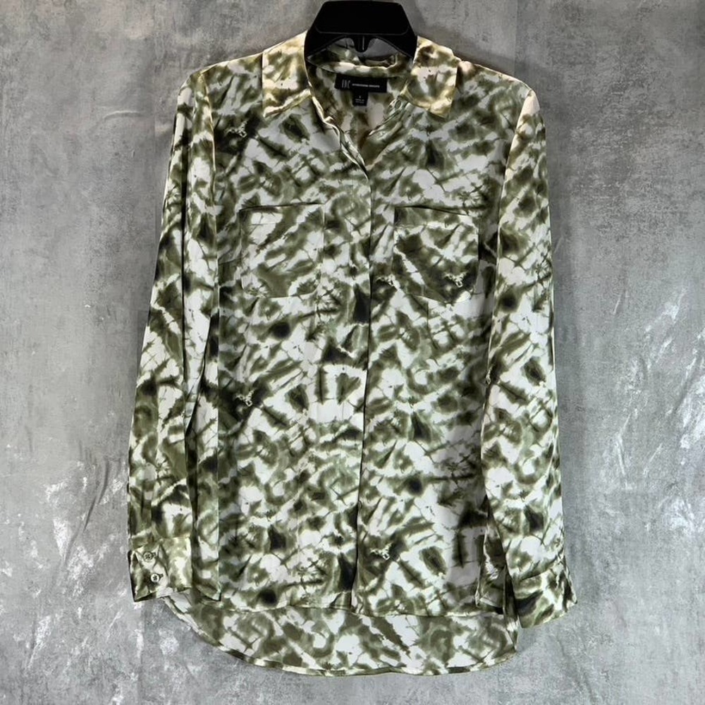 INC International Concepts Women's Green Tie-Dye Button-Front Long-Sleeve Top